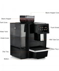 Boss Grade Super Automatic Espresso Machine With Auto Clean Milk System For Latte And Cappuccino 9 Grind Size Options Ideal For Office VIP Lounge And Business Black, featuring labeled components like touch screen and drip tray.
