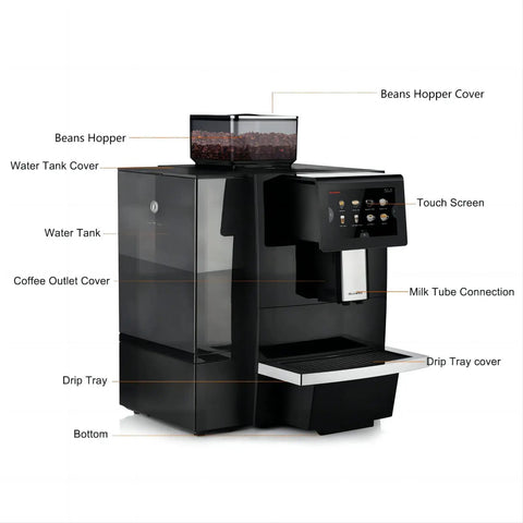 Boss Grade Super Automatic Espresso Machine With Auto Clean Milk System For Latte And Cappuccino 9 Grind Size Options Ideal For Office VIP Lounge And Business Black, featuring labeled components like touch screen and drip tray.