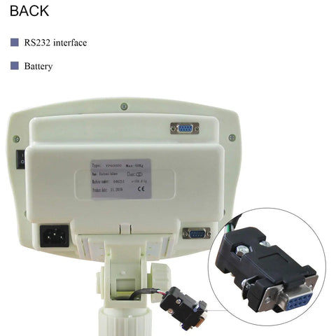 Back view of Heavy Hitter Digital Floor Scale With Six Hundred Sixty One Pound Capacity And Spit Spot One Gram Precision For Warehouse Shipping Or Animal Weighing Featuring Glowing Lcd Monitor And Slick Unit Switching Setup, showing RS232 interface and battery.