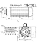 Technical drawing of Heavy-Duty 7.5kW Air Cooled CNC Spindle Motor With ER32 Flange 18000 RPM 600Hz GDZ120x103-7.5 Square Mount