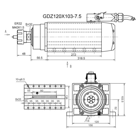 Technical drawing of Heavy-Duty 7.5kW Air Cooled CNC Spindle Motor With ER32 Flange 18000 RPM 600Hz GDZ120x103-7.5 Square Mount