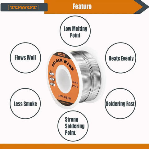 Coiled Sixty Forty Tin Lead Rosin Core Solder Wire For Electronics with labeled welding features including smooth flow and fast joints.
