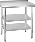 Stainless Steel Work Table 24 By 36 Inches With Two Adjustable Undershelves And Backsplash For Kitchen Garage And Outdoor BBQ Pro Grade Tough As Nails Commercial 430 Stainless Steel, side view.