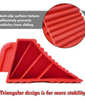 Heavy Duty Rubber Wheel Chocks Set Of 4 For Travel Trailers RV Campers And Trucks, Lightweight Yet Sturdy And Tough As Nails, TPR Material Holds Up To 3 Tons Capacity 6500 Lb, Red side view showcasing anti-slip texture and triangular design