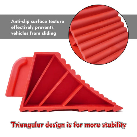 Heavy Duty Rubber Wheel Chocks Set Of 4 For Travel Trailers RV Campers And Trucks, Lightweight Yet Sturdy And Tough As Nails, TPR Material Holds Up To 3 Tons Capacity 6500 Lb, Red side view showcasing anti-slip texture and triangular design