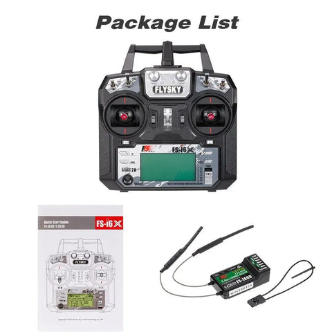 Two Point Four GHz 10 Channel AFHDS Two A RC Transmitter With Included FS IA6B Receiver, remote, manual, bind plug shown