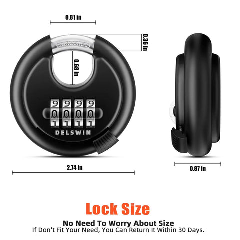 4 Digit Disc Padlock With Hardened Steel Shackle For Sheds Storage Units Gym Lockers And Fences No Frills Easy Set Tamper Resistant Weatherproof Durable Black 1 Pack showing lock size dimensions