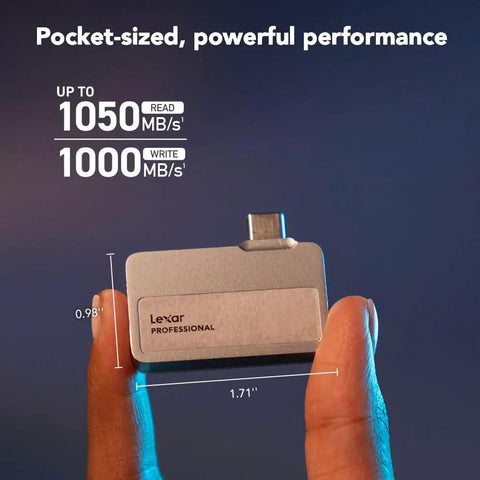 1TB Pro Go Portable SSD For 4K ProRes Creators With 1050 MB Per Second Speed, USB 3.2 Gen 2, compact size shown in hand