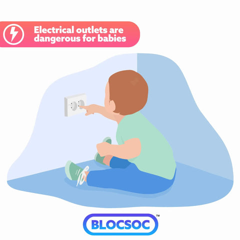 Illustration of a baby reaching for an electrical outlet, highlighting the need for Three Pack Baby Proofing Outlet Covers For Safe Electrical Outlets Easy Install