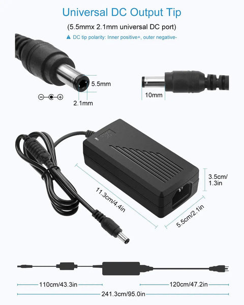 12V 5A LED Strip Power Supply, 60W AC to DC Adapter, Input 100 to 240V, 5.5x2.5mm DC Output Plug, installed view with dimensions