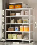 Five Tier Adjustable Metal Wire Shelving Unit Badass Heavy Duty Storage Rack for Garage Kitchen Office with 200 Lb Weight Capacity per Shelf, 180cm tall, 150cm wide, organized with various storage boxes.