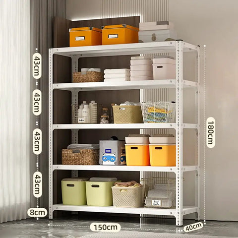 Five Tier Adjustable Metal Wire Shelving Unit Badass Heavy Duty Storage Rack for Garage Kitchen Office with 200 Lb Weight Capacity per Shelf, 180cm tall, 150cm wide, organized with various storage boxes.