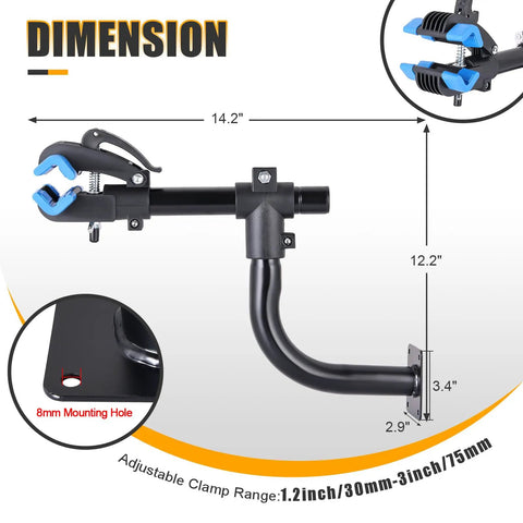 Dimensions of Heavy Duty Bike Repair Stand With 360 Degree Clamp And Wall Mount For Road And Mountain Bikes, showing clamp and mount.