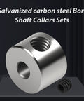 Close-up of a galvanized carbon steel bore shaft collar set highlighting its smooth finish and precise threading for secure fit.