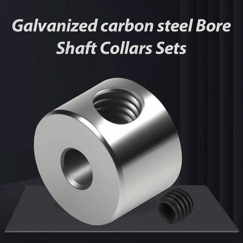 Close-up of a galvanized carbon steel bore shaft collar set highlighting its smooth finish and precise threading for secure fit.