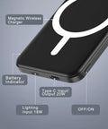 Close-up of Ultra Slim Magnetic Power Bank With MagSafe 5000Mah, showing ports and functions including battery indicator.