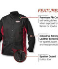 Split Leather Sleeved Welding Jacket With Flame Resistant Cotton Body Black And Red Medium Pro Grade Gear For Serious Welders Durable Leather Sleeves For Extra Protection And Comfort During Long Shifts. Featuring industrial strength leather sleeves and premium FR cotton body.