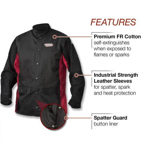 Split Leather Sleeved Welding Jacket With Flame Resistant Cotton Body Black And Red Medium Pro Grade Gear For Serious Welders Durable Leather Sleeves For Extra Protection And Comfort During Long Shifts. Featuring industrial strength leather sleeves and premium FR cotton body.