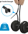 Heavy Duty 100 Pack 18 Inch Black Zip Ties With 75Lbs Tensile Strength showing self-locking feature and weight support on a dumbbell.