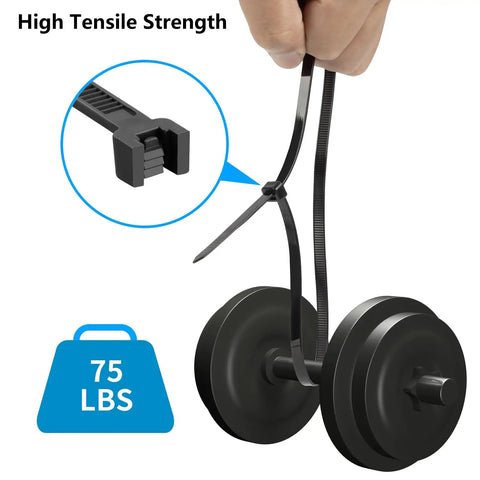 Heavy Duty 100 Pack 18 Inch Black Zip Ties With 75Lbs Tensile Strength showing self-locking feature and weight support on a dumbbell.