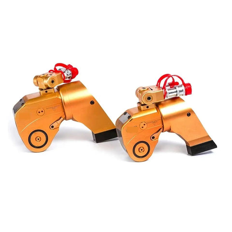 TopShelf Hydraulic Torque Wrench Manual Adjustable Driving Type With Precision Machined Core And Legit 360 Degree Swivel Fittings For Knockout Heavy Duty Torque Work with visible gold finish and hydraulic fittings.