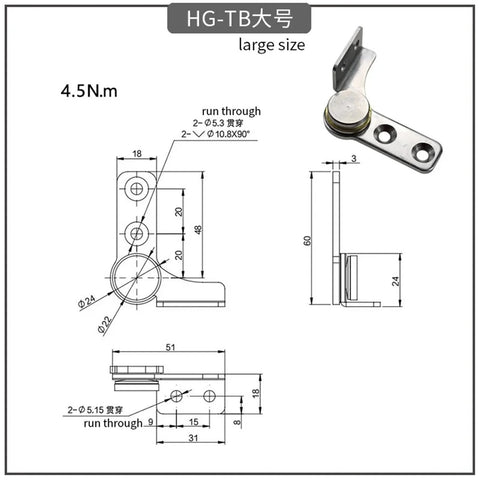 Stainless steel damping rotary hinge with 2.0 N·m torque; left-hand, dimensioned drawings and mounted bracket photo.