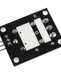 Bottom view of 5V Relay Module With Indicator LED, 1 Channel DIY Friendly Control For Arduino AVR PIC ARM MCU Projects, Plug And Play TTL 5V Signal, Switches 220V AC Loads, Includes Normally Open And Normally Closed Contacts, showing connection points and circuit design on black PCB.