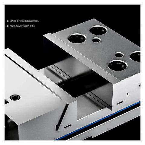 Top Tier Professional Workhorse Desktop Machine Vise With Slick Slide Bar Adjustment close-up of stainless steel construction and design features.