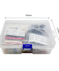 1410-Piece Electronics Component Kit With Metal Film Resistors, LED Diodes, and more in clear organized storage case with dimensions.