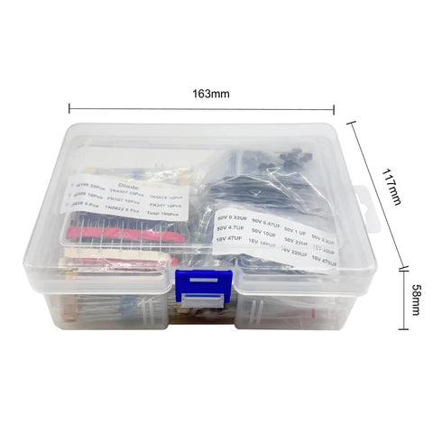 1410-Piece Electronics Component Kit With Metal Film Resistors, LED Diodes, and more in clear organized storage case with dimensions.