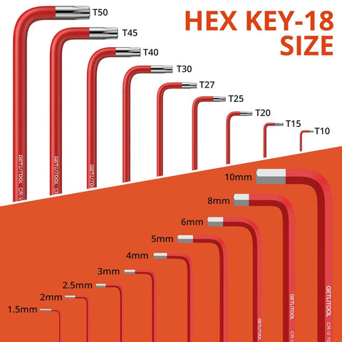 Ball End Hex Key Set With Torx Keys 18 Pieces Chrome Vanadium Steel Allen Wrenches sizes labeled T10 to T50 and 1.5mm to 10mm