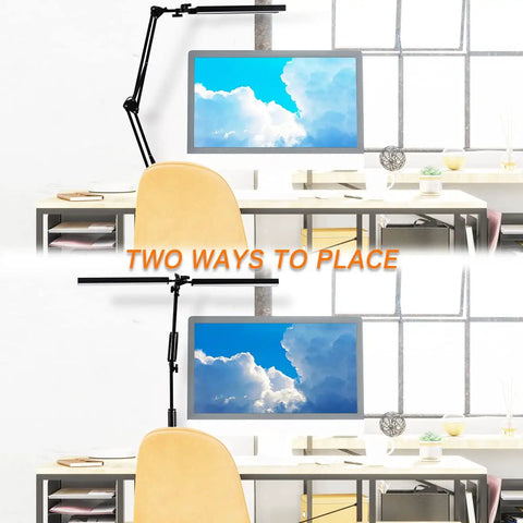 Ultra Bright LED Desk Lamp With Dual Heads, shown with clamp and base mount options on office desks with computers.