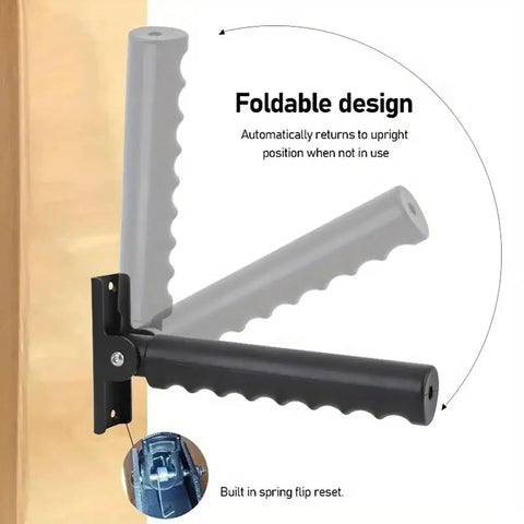 Solid Choice Doorway Flip Up Grab Bar with foldable design for easy installation and support, showing its black grip and spring reset mechanism.