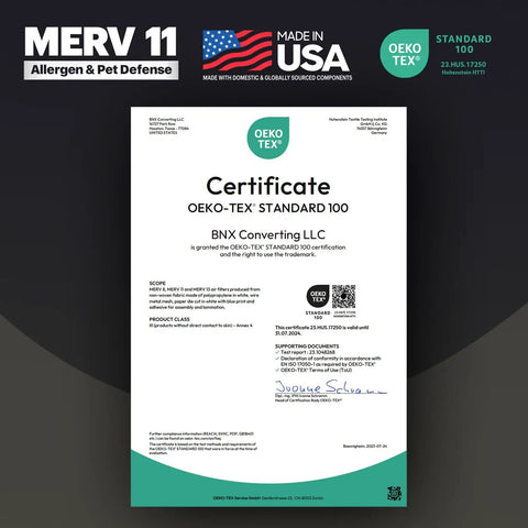OEKO-TEX certificate for TruFilter 20x30x1 Air Filter MERV 11 4 Pack Made In USA Electrostatic Pleated HVAC AC Furnace Filter