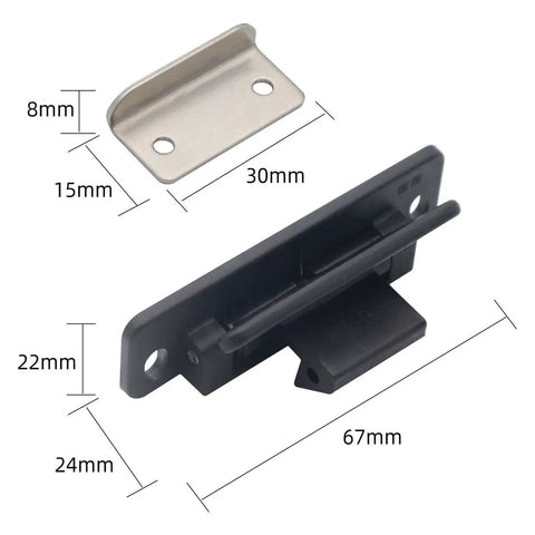 Black Nylon Metal Closet Door Catch And Cabinet Handle With Secure Drawer Latch For RV Mobile Homes Cars Yachts and Cupboard Doors That Save Space, dimensions shown.