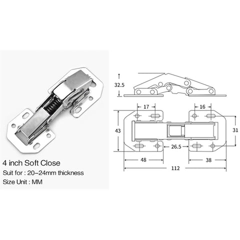 Technical diagram and image of a 4 inch soft-close DIY cabinet hinge, part of a 4 Piece DIY Cabinet Hinge Set For Face Frame Cabinets, 90 Degree Soft Close Hydraulic Door Hinges, Durable Stainless Steel Furniture Hardware, 4 Inch Plus.