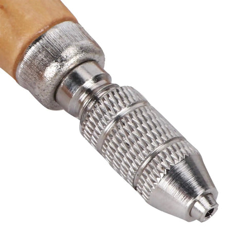 Close-up view of the metal chuck of Heavy Duty Three Piece Pin Vise Set Featuring Solid Wood Handle Chuck Gravers.