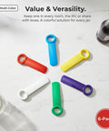 6 Pack Jar Lid Opener Tool Set Featuring Long Lever Handle To Pop Loose Stubborn Vacuum Seals Effortlessly Delivers No Sweat Kitchen Grip Assist For Seniors With Relaxed Twist Action, multi-colored tools on marble surface.