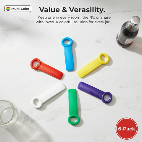 6 Pack Jar Lid Opener Tool Set Featuring Long Lever Handle To Pop Loose Stubborn Vacuum Seals Effortlessly Delivers No Sweat Kitchen Grip Assist For Seniors With Relaxed Twist Action, multi-colored tools on marble surface.