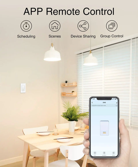 Smart Dimmer Switch That Plays Nice With Alexa And Google Home 2.4GHz WiFi Dimmable LED CFL Bulbs Neutral Wire Required Single Pole Not 3 Way No Hub Required 1 Pack controlled via smartphone app in dining room