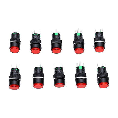 16mm Illuminated Push Button Switch With Green LED 5 Pin 1NO 1NC Momentary Action For Quick Testing And Jogging Durable Panel Mount Reset Ready High Visibility Button For Control Panels., red button switches with green LED terminals shown in multiple angles