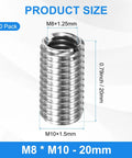 10-pack stainless steel thread reducer sleeve, M10x1.5 to M8x1.25, 20mm length.