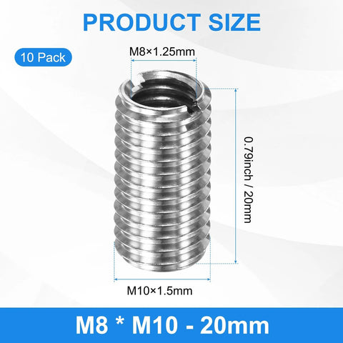 10-pack stainless steel thread reducer sleeve, M10x1.5 to M8x1.25, 20mm length.