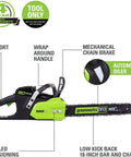 80V Brushless Cordless Chainsaw With 18 Inch Bar And Smart Auto Oiler showcasing comfort grip, automatic oiler, and 18-inch steel blade.