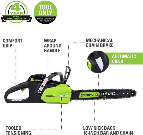 80V Brushless Cordless Chainsaw With 18 Inch Bar And Smart Auto Oiler showcasing comfort grip, automatic oiler, and 18-inch steel blade.