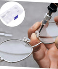 Eyeglass Repair Kit With Organized Storage Case For Quick Frame Fixes On The Go Includes Essential Tools For Friends And Family, Screwdrivers, Pliers, Wrenches, And Scratch Repair Accessories being used to fix eyeglass frames.