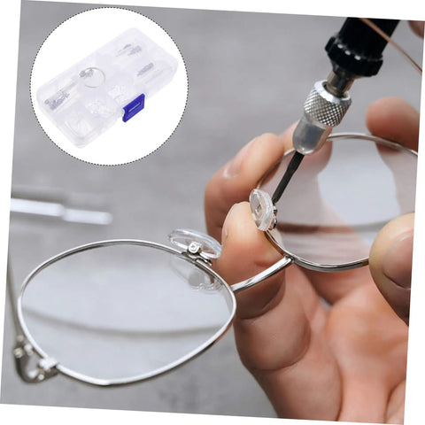 Eyeglass Repair Kit With Organized Storage Case For Quick Frame Fixes On The Go Includes Essential Tools For Friends And Family, Screwdrivers, Pliers, Wrenches, And Scratch Repair Accessories being used to fix eyeglass frames.