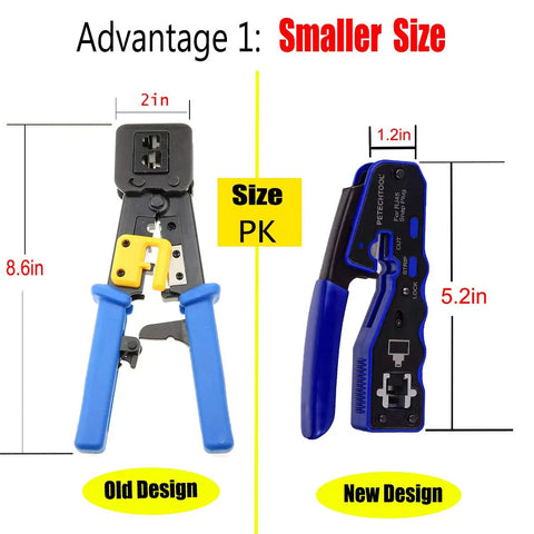 Comparison of old and new Pass Through Crimp Tool For Cat5e Cat6 Cat6a Ethernet 8P8C Modular Connectors highlighting size and design.