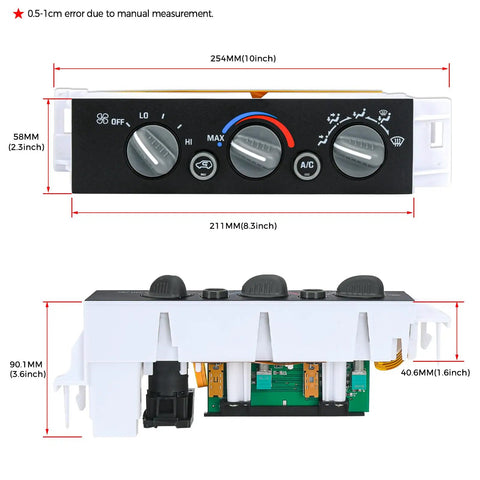 AC Heater Control Panel Climate Control Module Switch For Chevy And GMC Trucks 1996 To 1999 dimensions and detail view