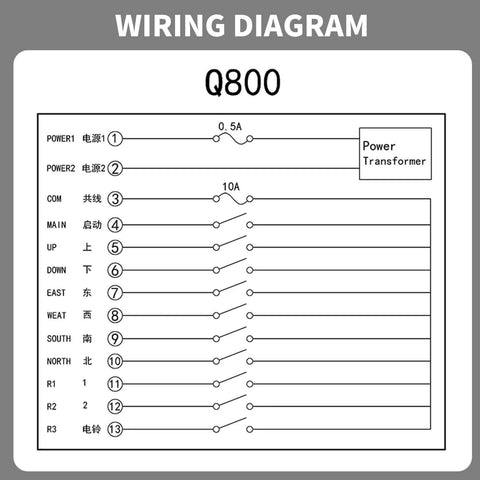 Wiring diagram for Q800 Industrial Wireless Crane Remote Control Kit with Eight Buttons for 12V and 24V Electric Hoist.